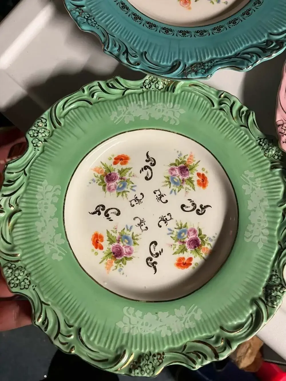 Vintage Baroque Style Scalloped Floral Decorative Plates with Gold Trim
